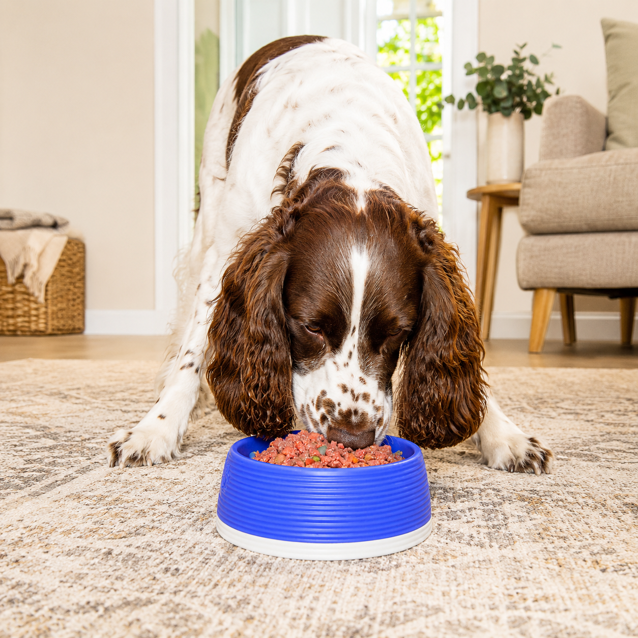 Dog eating from a blue bowl filled with food on a carpeted floor.