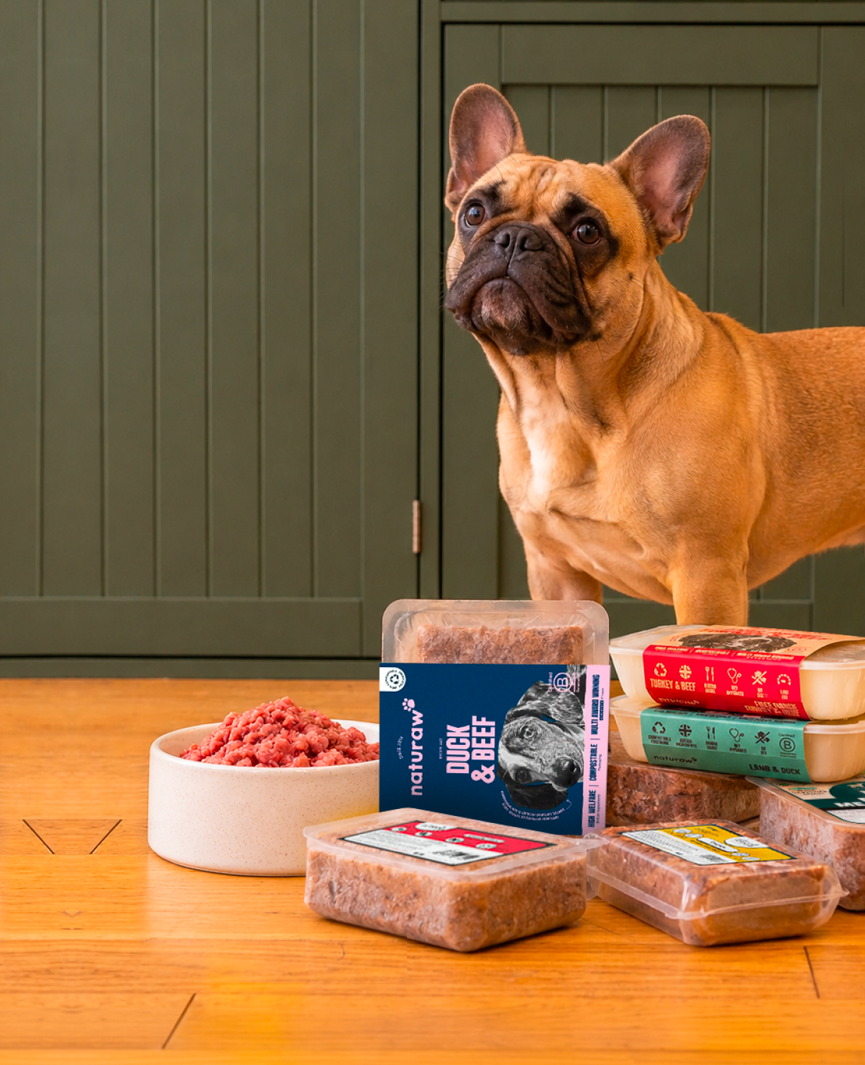 A fawn French Bulldog stands on a light wood floor in a kitchen setting, surrounded by several packaged pet food products and a white bowl of raw dog food. The background features dark green panelled cabinets and a white refrigerator.