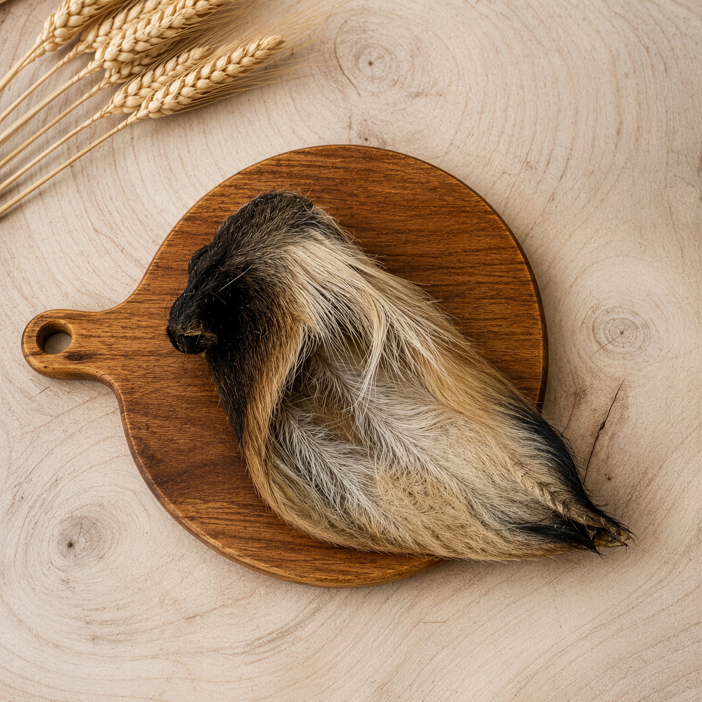 A hair cow ear dog treat, displayed on a round wooden cutting board over a light wood kitchen unit.