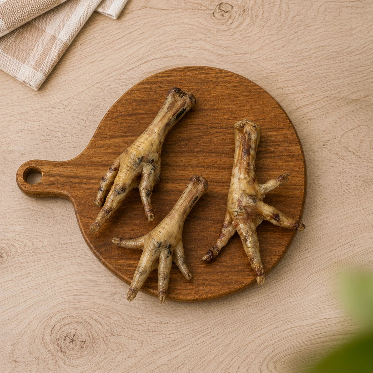 Three dried chicken feet dog treats, displayed on a round wooden cutting board over a light wood kitchen unit.
