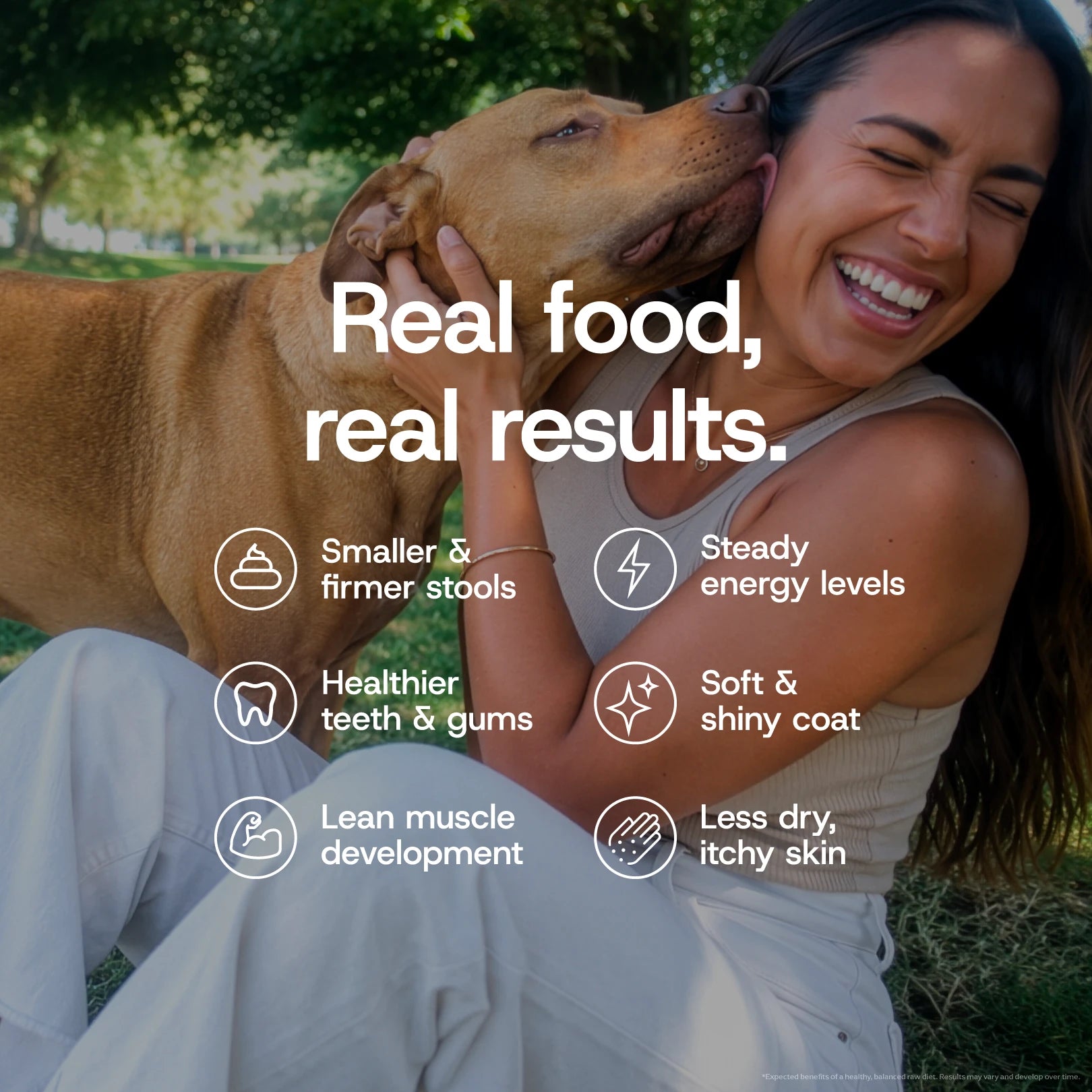 A woman and her brown dog are sitting outdoors in a park-like setting, smiling and affectionate. Large white text explains the benefits of raw feeding diets.