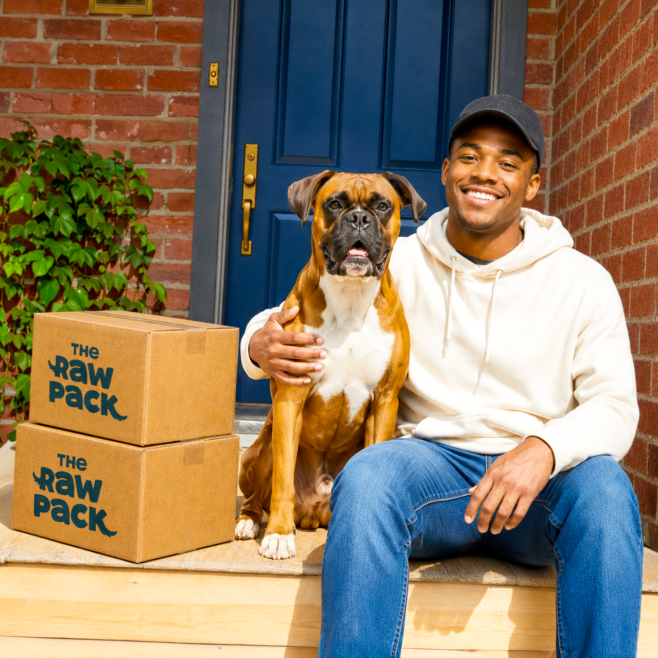 Man sitting on front door step with a dog and The Raw Pack delivery boxes beside them.