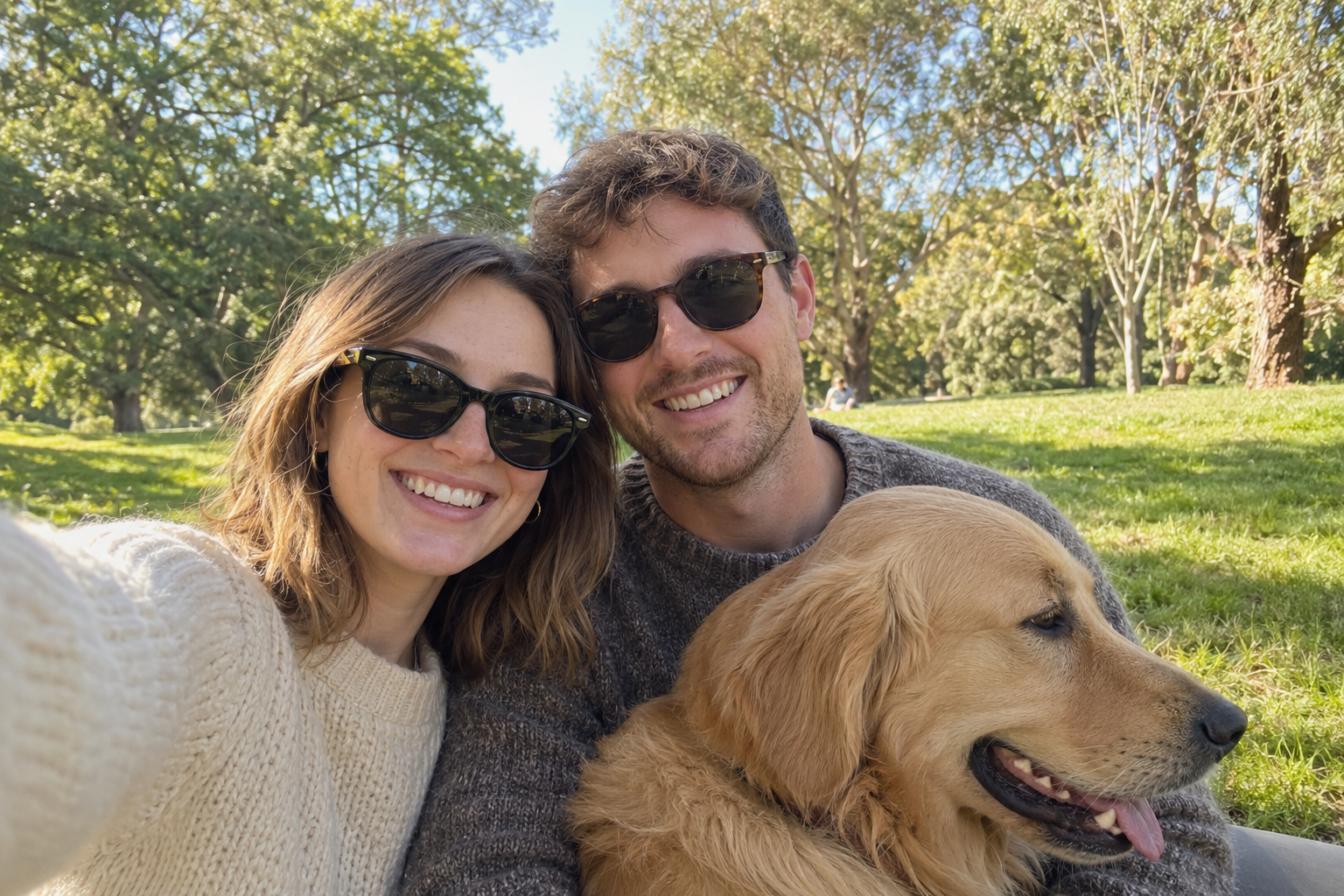Couple with a dog sitting on a grassy field
