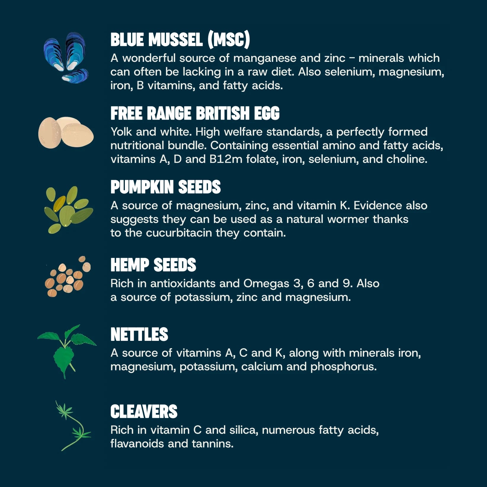 Informational graphic listing ingredients in Naturaw Forage Raw dog food recipes